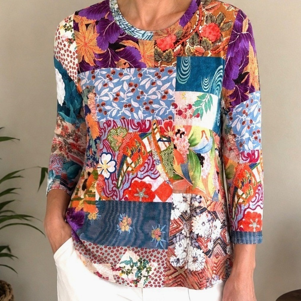 Johnny Was Patchwork Floral Print Bamboo Stretch Knit Top XS Boho Artsy Colorful